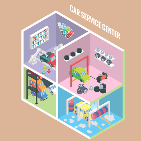Car service center isometric icons. Vector flat 3d design elements. Auto painting, collision repair, multi level parking, car wash, change tyres, Car mechanic garage.のイラスト素材