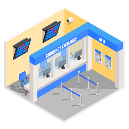 Currency exchange office in isometric style design. Vector flat 3d finance and money isolated icons and elements. Currency exchange booth interior.のイラスト素材