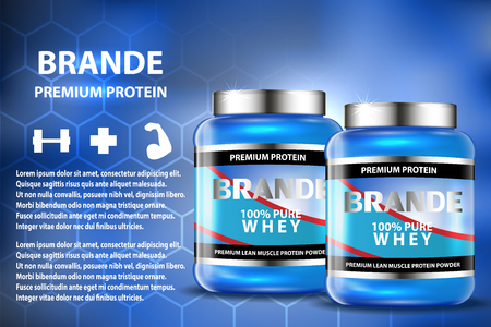 Sport nutrition product containers ad. Weight gainers set. Whey protein bottles. 3D vector product packaging. Jars of bodybuilding food supplementsのイラスト素材