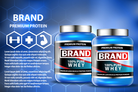 Sport nutrition product containers ad. Weight gainers set. Whey protein bottles. 3D vector product packaging. Jars of bodybuilding food supplementsのイラスト素材