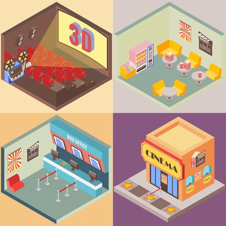 Movie theater building in isometric style design. Vector flat 3d icons. Interior of cinema, cafe, ticket office.のイラスト素材