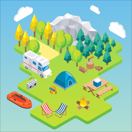 Camping isometric concept, vector illustration in flat 3d style Outdoor camp activity Travel by camper in mountainsのイラスト素材