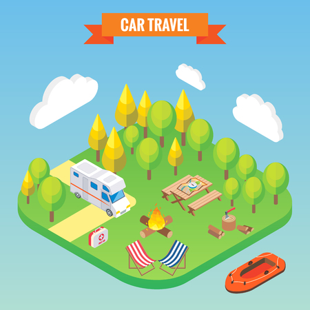 Car travel and camping isometric concept, vector illustration in flat 3d style, outdoor camp activity, travel on camperのイラスト素材