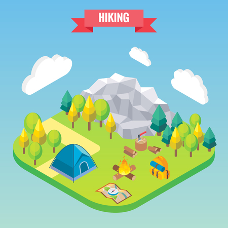 Hiking in mountain forest isometric concept vector illustration in flat 3d style outdoor activityのイラスト素材