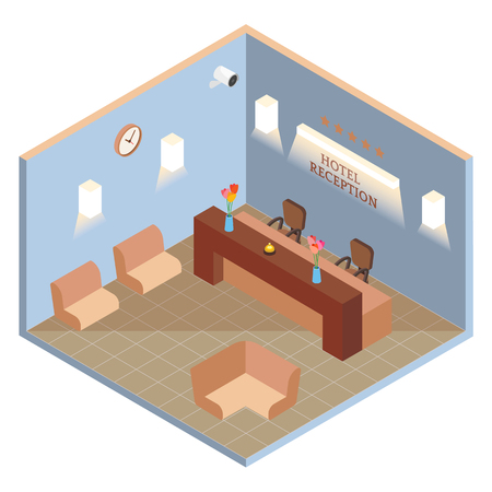 Hotel reception interior in vector isometric style, illustration in flat 3d design, hotel lobby roomのイラスト素材