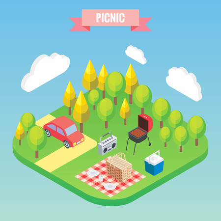 Picnic in a park isometric objects, vector illustration in flat 3d style, outdoor family vacationのイラスト素材