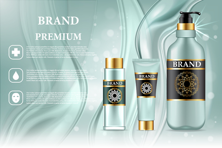Premium cosmetic products ad, Vector 3d illustration Skin care brand bottle template design; Face and body make up cream and lotionのイラスト素材