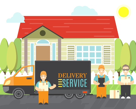 Delivery service icons in cartoon style, relocation service company deliver boxes by truck; Vector isolated objectsのイラスト素材