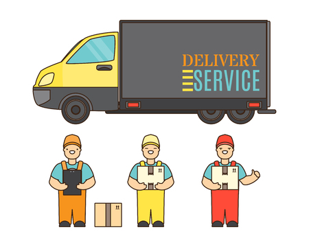 Delivery service concept poster in cartoon style, relocation service company deliver boxes by truckのイラスト素材