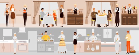 Vector banners with restaurant interior. People having dinner in restaurant. Cartoon characters. Chefs cooking food in kitchen room. Vector illustration in flat designのイラスト素材