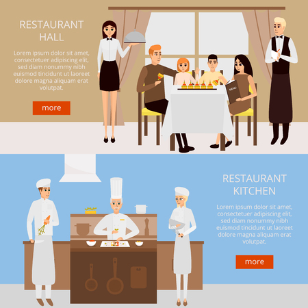 Restaurant concept vector web banner in flat style design. Family having dinner in cafe. Chef cooking in restaurant kitchenのイラスト素材