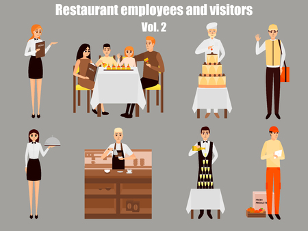 Restaurant workers cartoon characters, People work in restaurant isolated, Family having dinner in cafe; Vector illustration in flat style designのイラスト素材