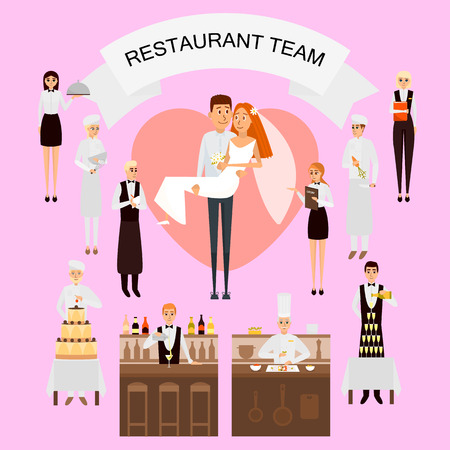 Wedding day in restaurant concept vector poster in flat style, Restaurant workers team organize wedding holiday; Big cake, champange, just married couple.のイラスト素材