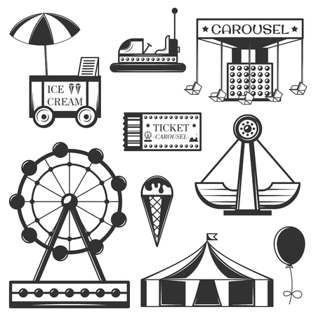Vector set of amusement park isolated icons and objects. Attractions, carousel, wheel, ice cream cart.のイラスト素材