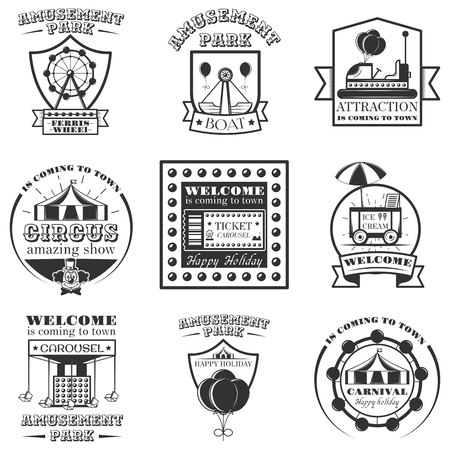 Vector set of amuesment park labels and design elements in vintage style. Black and white amusement park symbols, logos, bages and design elementのイラスト素材
