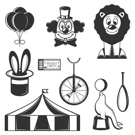 Vector set of circus isolated icons. Black and white circus symbols and design elements.のイラスト素材
