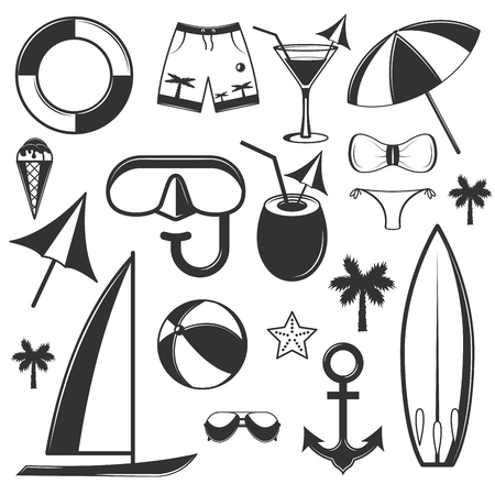 Vector set of summer season objects in vintage style. Design elements, icons isolated on white background - stock vectorのイラスト素材