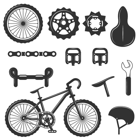 Vector set of bicycle parts isolated icons. Black and white bicycle symbols and design elements.のイラスト素材