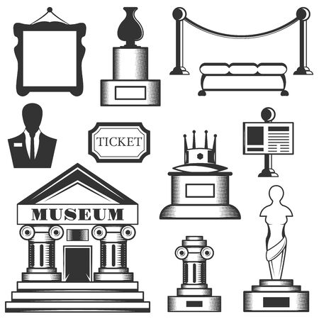 Vector set of museum isolated icons. Black and white museum symbols and design elements.のイラスト素材