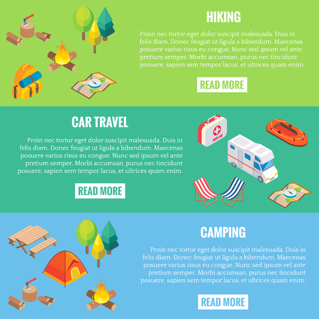 Travel web banner. Camping objects in vector isometric style. Flat 3d isometric design. Family vacation, hiking, picnic, car travel. Camp place in forest.のイラスト素材
