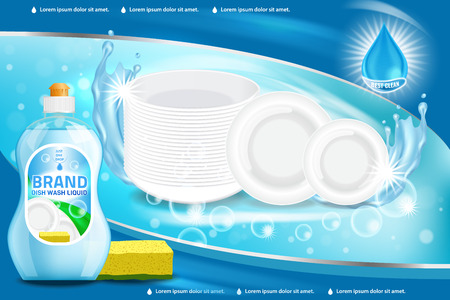 Vector 3d illustration of dishwashing liquid product. Plastic bottle label design. Washing-up liquid or dishwashing soap brand advertising poster.のイラスト素材