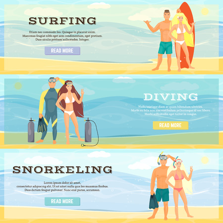 Vector set of beach horizontal banners in flat styleのイラスト素材
