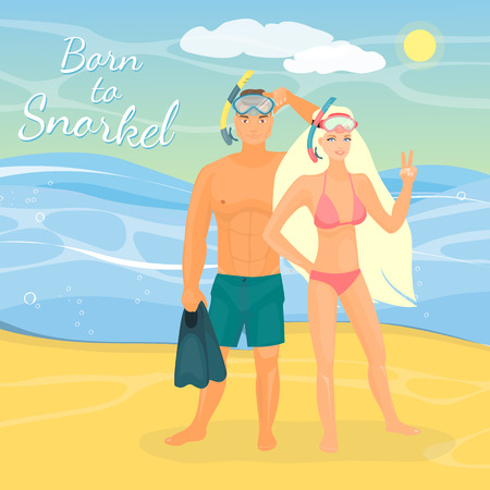 Snorkeling couple vector flat illustrationのイラスト素材