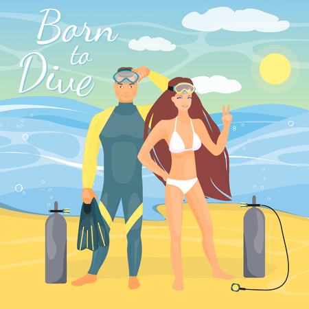 Vector illustration of young couple with diving equipment standing on seashore. Beautiful girl showing yeah hand sign gesture. Born to dive lettering, seascape. Diving couple flat style design elementのイラスト素材