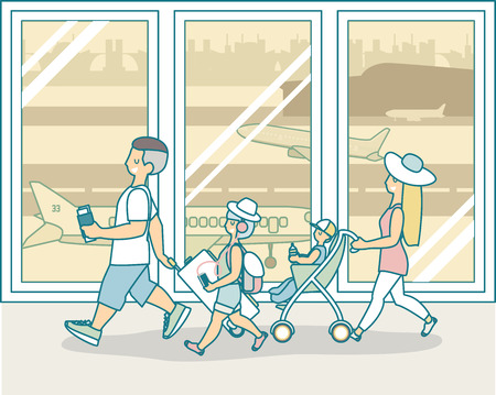 Vector illustration of father and mother with two kids hurrying to check in for flight at the airport. Family travel by plane concept design element.のイラスト素材