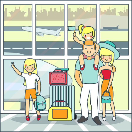 Vector illustration of father, mother and two daughters waiting for flight in departure lounge of the airport. Family travel by air concept design element.のイラスト素材