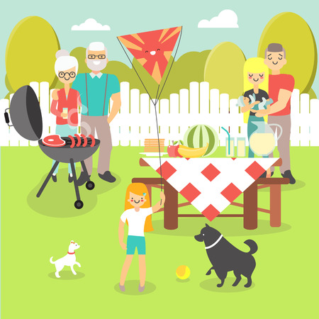 Vector illustration of happy family having a picnic. Grandfather, grandmother, father and mother with two kids enjoying barbecue grill. Flat style design.のイラスト素材