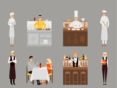 Vector flat icons set of restaurant team and visitors charactersのイラスト素材