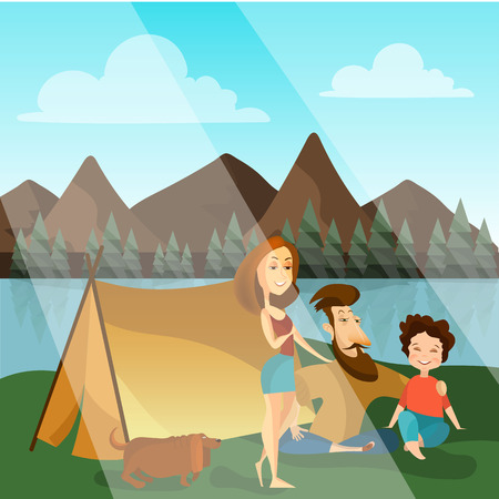 Vector illustration of father, mother and their kid sitting near the tent on river bank. Family camping concept design element.のイラスト素材