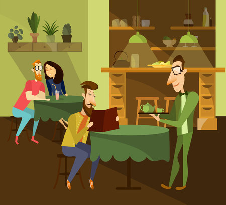 Cafe concept vector illustration. Waiter serving tea to visitor male sitting at table and reading menu with a young couple dating.のイラスト素材