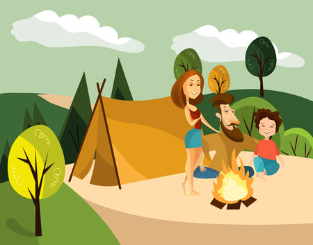 Vector illustration of father, mother with kid sitting at the campfire. Family camping concept design element.