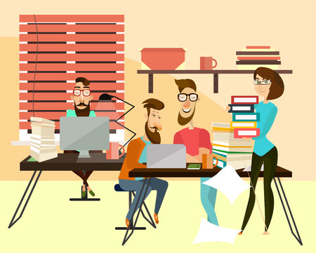 Office workers concept vector illustration. Coworking team. Men sitting at desks and using laptops, woman holding pile of folders with documents, office interior with office equipment and supplies.のイラスト素材