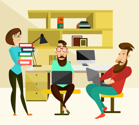 Office teamwork concept vector illustration. Coworking team. Two men using laptops and woman holding pile of folders with documents, modern office interior with office equipment and supplies.のイラスト素材