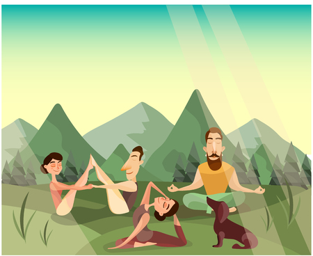 Vector illustration of men and women practicing yoga, meditation in the mountains. Outdoors yoga class.のイラスト素材