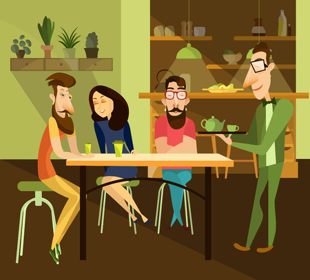 Vector illustration of waiter serving tea to guests. People sitting at the table and talking to each other. Restaurant interior.のイラスト素材