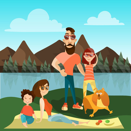 Vector illustration of father, mother with their kids and dog pet taking a rest on river bank. Family travel concept design element.のイラスト素材