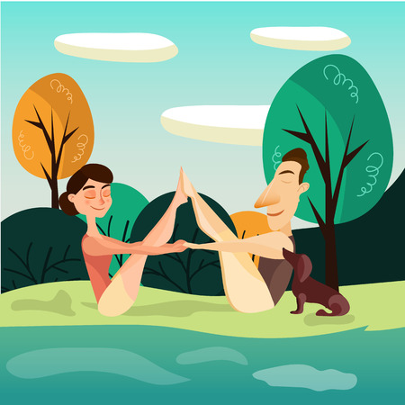Vector illustration of couple practicing yoga on river bank, meditation in nature. Outdoors yoga training.のイラスト素材