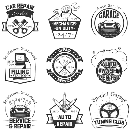 Vector set of vintage car service logos, emblems, badges, symbols, icons isolated on white background. Typography design for auto repair, car wash, filling station business and print.のイラスト素材