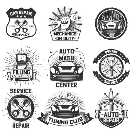 Vector set of vintage car service logos, emblems, badges, symbols, icons isolated on white background. Typography design for auto repair, car wash business and print.のイラスト素材