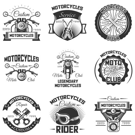 Vector set of vintage motorcycle logos, emblems, badges, symbols, icons isolated on white background.のイラスト素材