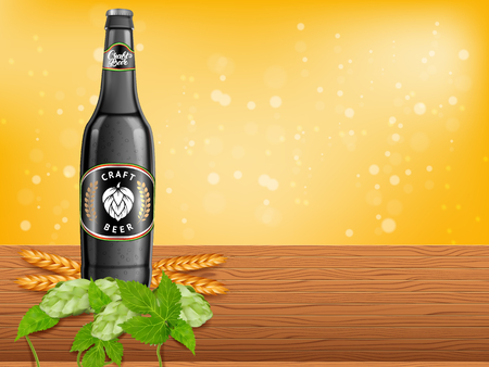 Realistic beer products ad. Vector 3d illustration. Dark craft beer bottle template design. Alcoholic drink brand glass bottle advertisement poster layout.のイラスト素材