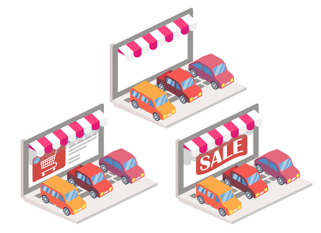 Car online vector illustration. 3d isometric automobiles on laptop keyboard. Online shopping, e-commerce concept design elements isolated on white background.のイラスト素材