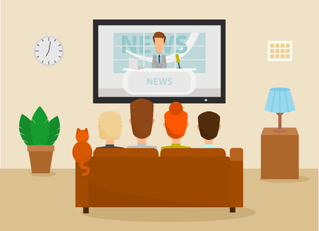 Family with cat watching TV daily news program sitting on the couch at home in the living room. Vector illustration in a cartoon style