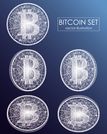 Bitcoin digital currency vector icons and symbols. Crypto currency token coins with bitcoin symbol. Peer to peer network digital payment system. Blockchain concept.のイラスト素材