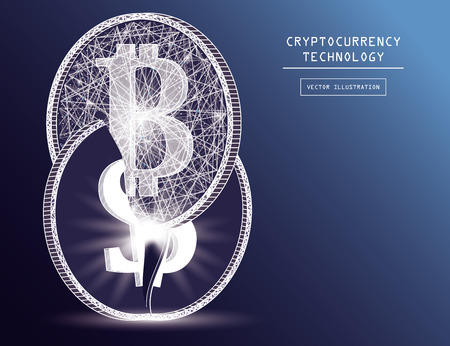 Bitcoin digital currency coin damage world finance system based on dollar concept vector illustration. Crypto currency token coins with bitcoin and dollar symbols. Blockchain cryptocurrency concept.のイラスト素材
