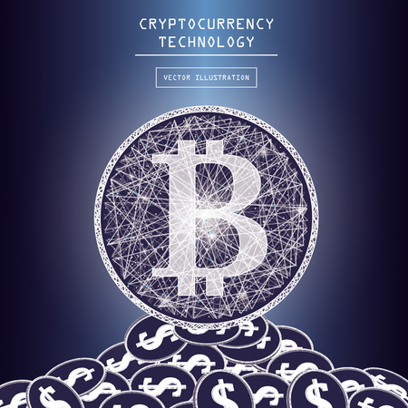 Bitcoin digital currency vector icons and symbols. Crypto currency token coins with bitcoin and dollar symbols. Peer to peer network digital payment system. Blockchain concept.のイラスト素材